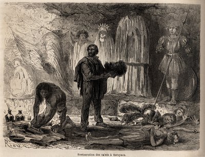 Restauracja posągów świętych w Sarayacu (Peru), rysunek Riou, ilustrujący podróż Paula Marcoya z Oceanu Spokojnego do Oceanu Atlantyckiego w latach 1848-1860. Rycina w „”Le tour du monde””, pod redakcją Edouarda Chartona autorstwa Edouard Riou