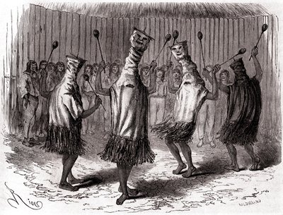 Rytualny taniec Indian Ticuna z Peru w przebraniach i maskach autorstwa Edouard Riou