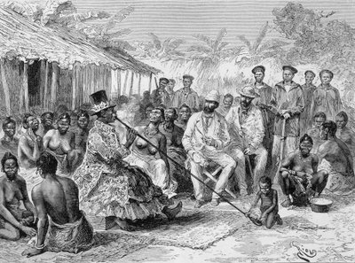 Savorgnan de Brazza palaver z Renoké, sołtysem Afryki Zachodniej - w „”Tour du Monde””, 2. tydzień 1887 autorstwa Edouard Riou