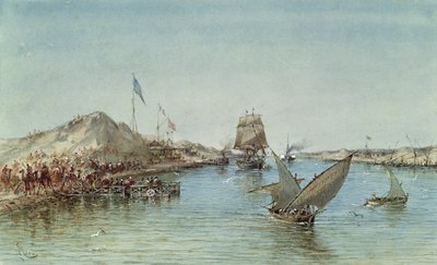 Wysyłka na Kanale Sueskim, z pamiątkowego albumu upamiętniającego podróż cesarzowej Eugenii (1826-1920) podczas inauguracji w 1869 r. (wc na papierze) autorstwa Edouard Riou