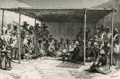 Podpisanie 25 kwietnia 1880 r. traktatu, który 25 kwietnia 1880 r. powierzył kraj Kita (dawny Sudan Francuski, dzisiejsze Mali) pod protektoratem Francji, między komandorem Josephem Gallienim (1849-1916) a Tokontanem Keitą. Grawerowanie przez Riou, na pods autorstwa Edouard Riou