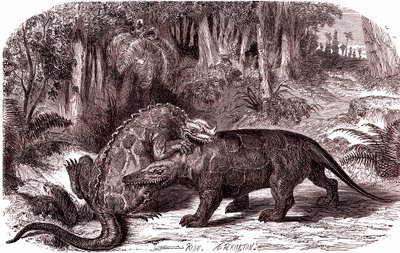 Iguanodon i megalozaur (rycina) autorstwa Edouard Riou