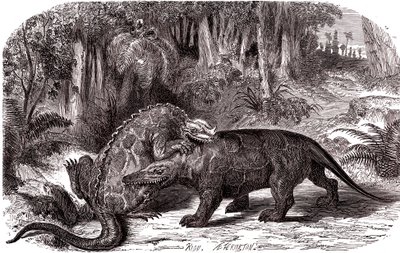 Iguanodon i megalozaur autorstwa Edouard Riou