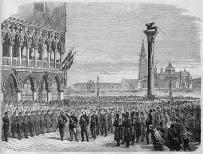 Król Włoch Wiktor Emanuel II (Wiktor Emanuel) (Vittorio Emanuele) w Wenecji na Placu Świętego Marka. Po klęsce Austriaków pod Sadową Wenecja została w 1866 r. odzyskana przez Królestwo Włoch. Rycina wg rysunku Crepon i Riou. W " autorstwa Edouard Riou