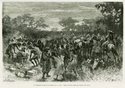 Obóz najechany przez Indian. Grawerowanie wykonane przez Riou, aby zilustrować historię Voyage dans le Chaco Boreal autorstwa Edouard Riou