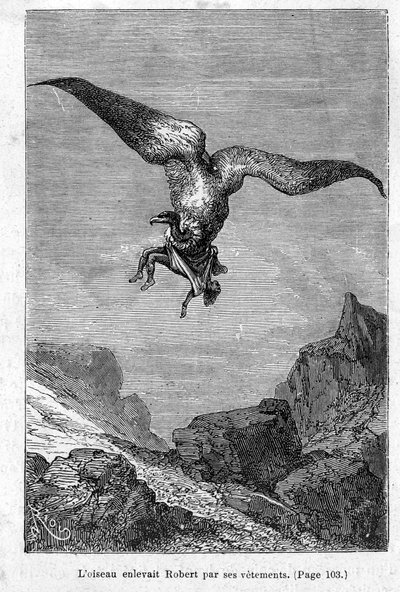 „Dzieci kapitana Granta: Ptak porwał Roberta za ubranie” Jules Verne, wydanie Hetzel/Voyages Extraordinary 1868 autorstwa Edouard Riou