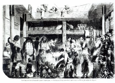 Przeddzień wypłynięcia do Ameryki - niemieccy emigranci wyruszający do USA w stoczni amerykańskiego liniowca w porcie Le Havre, ok. 1850 r. autorstwa Edouard Riou