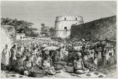 Targ owocowy Zanzibaru (Tanzania). Grawerowanie wykonane przez Riou, aby zilustrować historię „Podróż do Benadir, Omalis i Bajoun””, w latach 1882-1883, autorstwa M.G.Revoil. Opublikowano w Le Tour du monde, nouveau journal des voyages autorstwa Edouard Riou