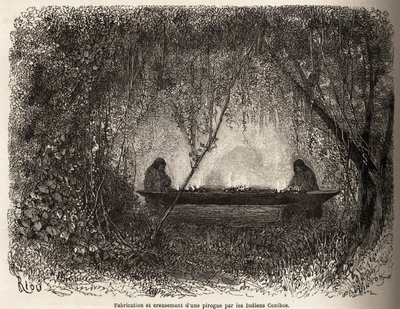 Wyprodukowanie czółna, ewakuowanego przez ogień przez Indian Conibo z Peru, narysowane przez Riou, aby zilustrować podróż P. Marcoya w latach 1848-1860 z Oceanu Spokojnego do Oceanu Atlantyckiego. Grawerowanie w „Le tour du monde””, pod redakcją Edouarda C autorstwa Edouard Riou