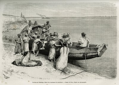 Początek badaczy kauczuku w okolicach Tabatinga (górna Amazonia). Rycina autorstwa Riou, dla zilustrowania historii Cayenne aux Andes, autorstwa Julesa Crevaux, lekarza marynarki francuskiej, w latach 1878-1879, opublikowana w Tour du monde, pod dyrekcją autorstwa Edouard Riou