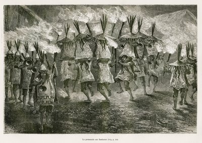 Spacer z pochodniami ulicami San Jose, rysunek E.Riou, aby zilustrować podróż po regionie Titicaca i dolinach wschodniej części Dolnego Peru, w 1873 roku autorstwa Paula Marcoya. Grawerowanie w Le tour du monde autorstwa Edouard Riou