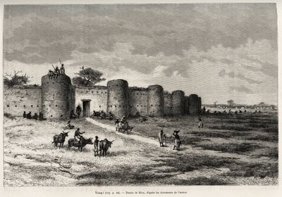 Miasto Tiong-Gi (Tiong Gi, Mali) z fortyfikacjami i glinianymi wieżami. Grawerowanie wykonane przez Riou, aby zilustrować historię „Od Nigru do Zatoki Gwinejskiej” autorstwa kapitana Louisa Gustave