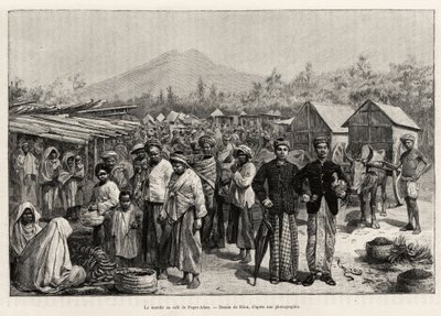 Spacer w Pager Alam Cafe (Malezja). Grawerowanie autorstwa Riou ilustrujące historię „rok w Malezji” autorstwa Jules Claine (1856-1939) autorstwa Edouard Riou