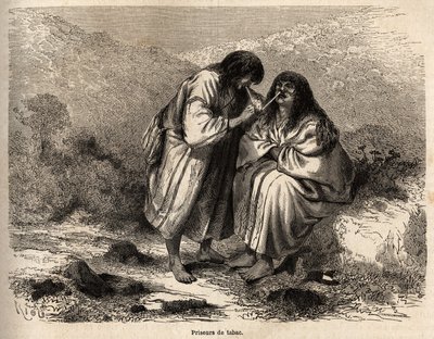 Licytatorzy tytoniu, makijaż według tradycji plemienia Antis (Peru), rysunek Riou, ilustrujący podróż Paula Marcoya z Oceanu Spokojnego do Oceanu Atlantyckiego w latach 1848-1860. Grawer „”Le tour du monde””, edytowany przez Edouarda autorstwa Edouard Riou