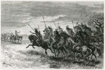 Indianie Tobas (z regionu Chaco, między Paragwajem a Boliwią) odmawiający przejścia do kolumny ekspedycji Thouara. Grawerowanie wykonane przez Riou, aby zilustrować historię „W poszukiwaniu pozostałości misji Crevaux””, w 1884 r., A. Thouar (1853- disapp autorstwa Edouard Riou