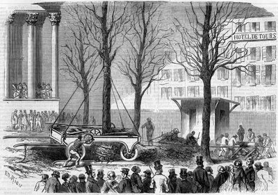 Przesadzanie drzew na Place de la Bourse w Paryżu zimą 1858 r. Rycina Riou w „Le Monde Illustré” nr 46 z 27 lutego 1858 r. autorstwa Edouard Riou