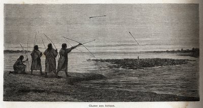 Polowanie na żółwie wśród indiańskich konibosów z Peru, narysowane przez Riou, aby zilustrować podróż P. Marcoya w latach 1848-1860 z Oceanu Spokojnego do Oceanu Atlantyckiego. Grawerowanie w „”Le tour du monde””, pod redakcją Edouarda Chartona autorstwa Edouard Riou