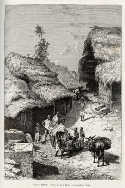 Rodzaje Pakhali (Wybrzeże Kości Słoniowej). Grawerowanie autorstwa Riou, ilustrujące historię „Od Nigru do Zatoki Gwinejskiej” autorstwa kapitana Louisa Gustave