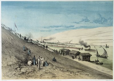Widok na kanał w „”Inauguracja Kanału Sueskiego przez G. Nicole. 1869 autorstwa Edouard Riou