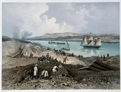 Widok na kanał w „”Inauguracja Kanału Sueskiego przez G. Nicole. 1869 autorstwa Edouard Riou