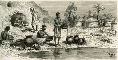 Kobiety w wiosce Koumakhana myją złoto, w tle mężczyźni szukają złota w podziemnych galeriach. Grawerowanie wykonane przez Riou, aby zilustrować historię „Exploration du Haut-Niger (Haut-Niger)” (dzisiejsze Mali) przez dowódcę Josepha Gallieniego (1849-191 autorstwa Edouard Riou