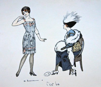 Manekin pokazujący klientowi halkę, ok. 1912 (litografia kolorowa) autorstwa Edouard Touraine