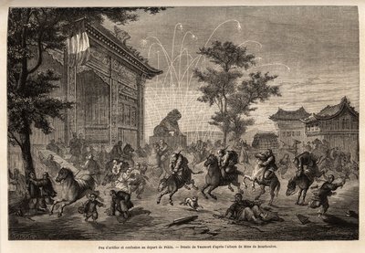 Fajerwerki w Pekinie i zamieszanie załogi poselstwa francuskiego podczas wyjazdu do Mongolii. Rysunek autorstwa Vaumorta (? -1886), ilustrujący podróż z Szanghaju do Moskwy w latach 1859-1862 pana de Bourboulon, francuskiego ministra do Chin. Rytownictwo autorstwa Edouard Vaumort