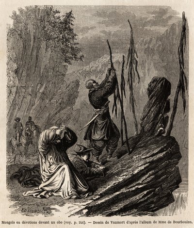 Mongołowie w oddaniu obo, w pobliżu gór Bakka i Mongolia, rysunek Vaumorta (?-1886) ilustrujący podróż z Szanghaju do Moskwy, w latach 1859-1862, pana de Bourboulon, francuskiego ministra do Chin. Grawerowanie w „”Le tour du monde””, edytuj autorstwa Edouard Vaumort