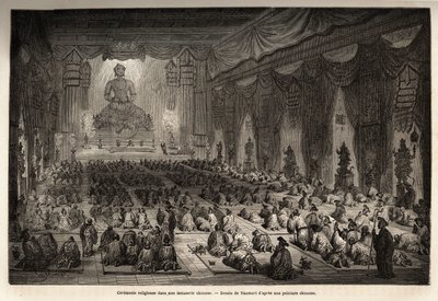 Ceremonia religijna w chińskiej lamasserie, rysunek Vaumorta (? -1886), ilustrujący podróż z Szanghaju do Moskwy w latach 1859-1862 pana de Bourboulon, francuskiego ministra do Chin. Grawerowanie w „”Le tour du monde””, pod redakcją Edouarda Chartona autorstwa Edouard Vaumort