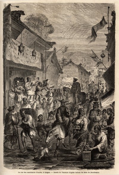 Ulica handlarzy odzieżą, Kalgan, Mongolia. Rysunek autorstwa Vaumorta (? -1886), ilustrujący podróż z Szanghaju do Moskwy w latach 1859-1862 pana de Bourboulon, francuskiego ministra do Chin. Grawerowanie w „Le tour du monde””, pod redakcją Edouarda Chart autorstwa Edouard Vaumort