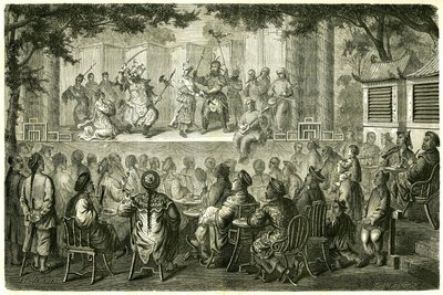 Widok na przedstawienie Opery Pekin (Pekin), Chiny, według historii podróży Madame de Bourboulon. Grawer według rysunku Vaumorta, w „”Le Tour du Monde, Nouveau journal des Voyages””, pod redakcją Edouarda Chartona, Paryż autorstwa Edouard Vaumort