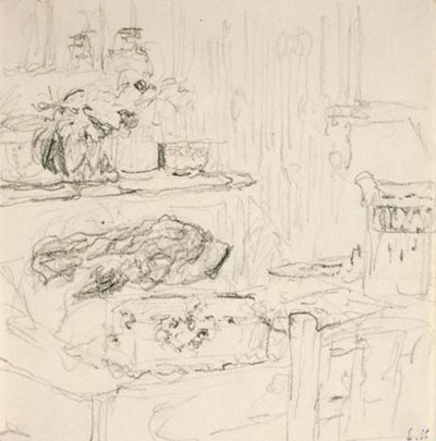 Wnętrze z kwadratowym stołem autorstwa Edouard Vuillard