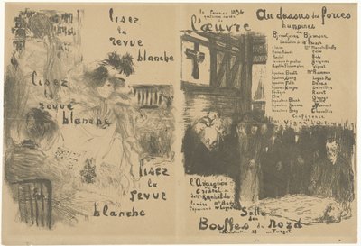 Okładka broszury programowej z reklamą La Revue Blanche i zapowiedzią sztuki Au-dessus des force humaines Lisez la revue blanche Au-dessus des force humaines autorstwa Edouard Vuillard