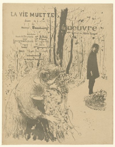 Okładka broszury programowej z kobietą z dwójką dzieci i mężczyzną w parku do zabawy La vie muette z listą ról i aktorów La vie muette autorstwa Edouard Vuillard