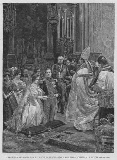 Ceremonia religijna na ślub Ferdynanda II z Marią Cristiną Sabaudzką (rycina) autorstwa Edouardo Matania