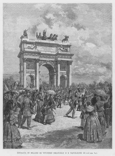 Wejście do Mediolanu Vittorio Emanuele II i Napoleona III (rycina) autorstwa Edouardo Matania