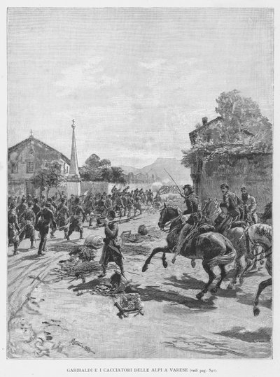 Garibaldi i łowcy Alp w Varese (grafika) autorstwa Edouardo Matania