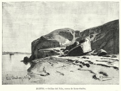Brzegi Nilu w pobliżu Kom Ombo, Egipt (lito) autorstwa Eduard (after) Hildebrandt