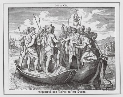 Spotkanie rzymskiego cesarza Walensa i wizygockiego króla Atanaryka nad Dunajem, 369 r. (rycina) autorstwa Eduard Bendemann