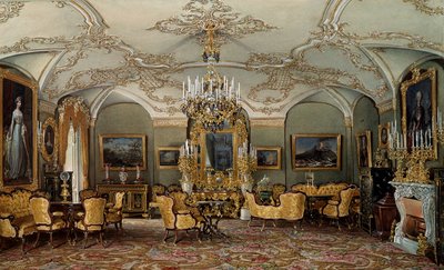 Widok na Salon Aleksandry Fiodorowny (Fiodorowna lub Fiodorowna lub Charlotta Pruska (1798-1860)), żony cara Mikołaja I w Pałacu Gatczyna. Akwarela przypisywana Eduardowi (Edouardowi) Hau (1807-1870) XIX w. Sankt Petersburg, Ermitaż autorstwa Eduard Hau