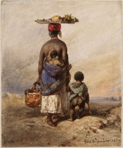 Afro-Brazylijka widziana od tyłu z dwójką małych dzieci autorstwa Eduard Hildebrandt