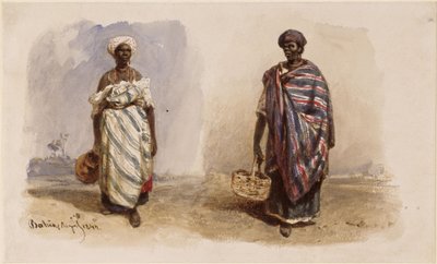 Dwie Afro-Brazylijki z chustami na ramionach, jedna z dzbanem na wodę, druga z koszem autorstwa Eduard Hildebrandt
