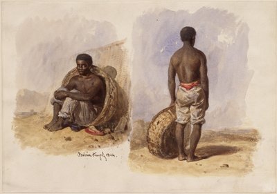 Dwa szkice przedstawiające Afro-Brazylijczyka; po lewej siedzącego w koszu opartym o ścianę, po prawej stojącego, widzianego od tyłu autorstwa Eduard Hildebrandt