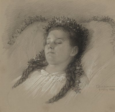 Dziewczyna na łożu śmierci z koroną kwiatów autorstwa Eduard Julius Friedrich Bendemann