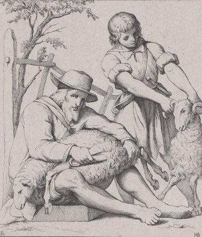 Dwóch mężczyzn do strzyżenia owiec, ok. godz. 1842. autorstwa Eduard Julius Friedrich Bendemann