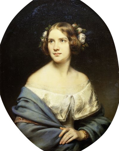 Portret Jenny Lind, stojącej do połowy długości w białej sukni i jasnoniebieskim szalu, autorstwa Eduard Magnus