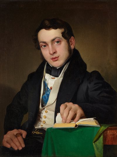 Siedzący młody mężczyzna w czarnej spódnicy autorstwa Eduard Ritter
