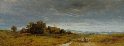 Równina Górnej Bawarii ze stadem owiec przeprowadzających się do domu autorstwa Eduard Schleich der Ältere
