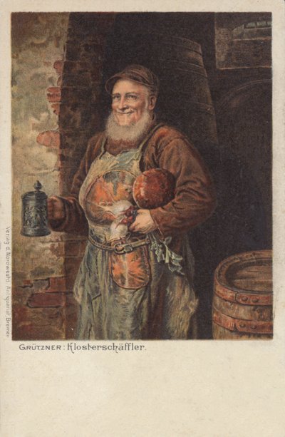 Der Klosterschaeefler: mnich niosący kufel piwa i obiad (chromolitho) autorstwa Eduard von (after) Grutzner
