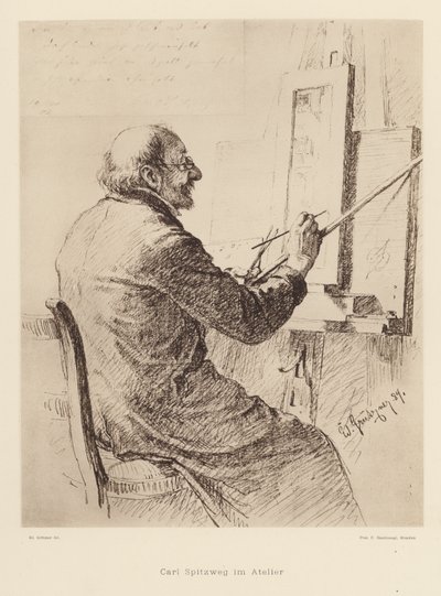 Portret Carla Spitzwega, niemieckiego malarza romantycznego (litografia) autorstwa Eduard von (after) Grutzner